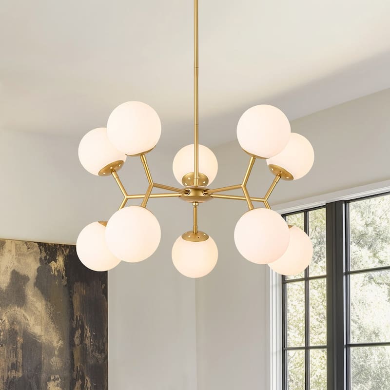 Mid-Century 10-Light Milky Glass Globe Round Branched Chandelier - Brass