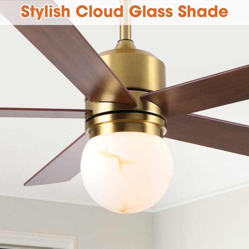 52" Modern Globe Frosted Glass Gold Dimmable Ceiling Fan with Light and Remote
