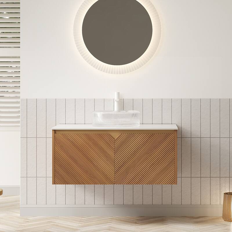 36" Bathroom Vanity with Vessel Sink, Wall-Mounted Floating Storage Cabinet with Double Doors - Transparent
