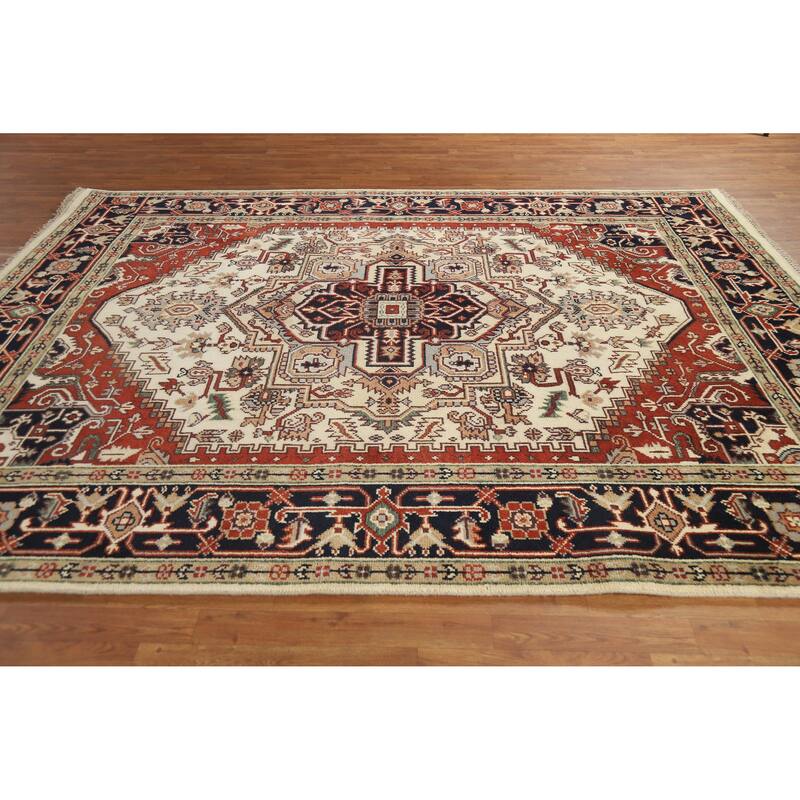 Geometric Ivory Heriz Serapi Indian Area Rug Handmade Wool Carpet - 8'0" x 9'9"