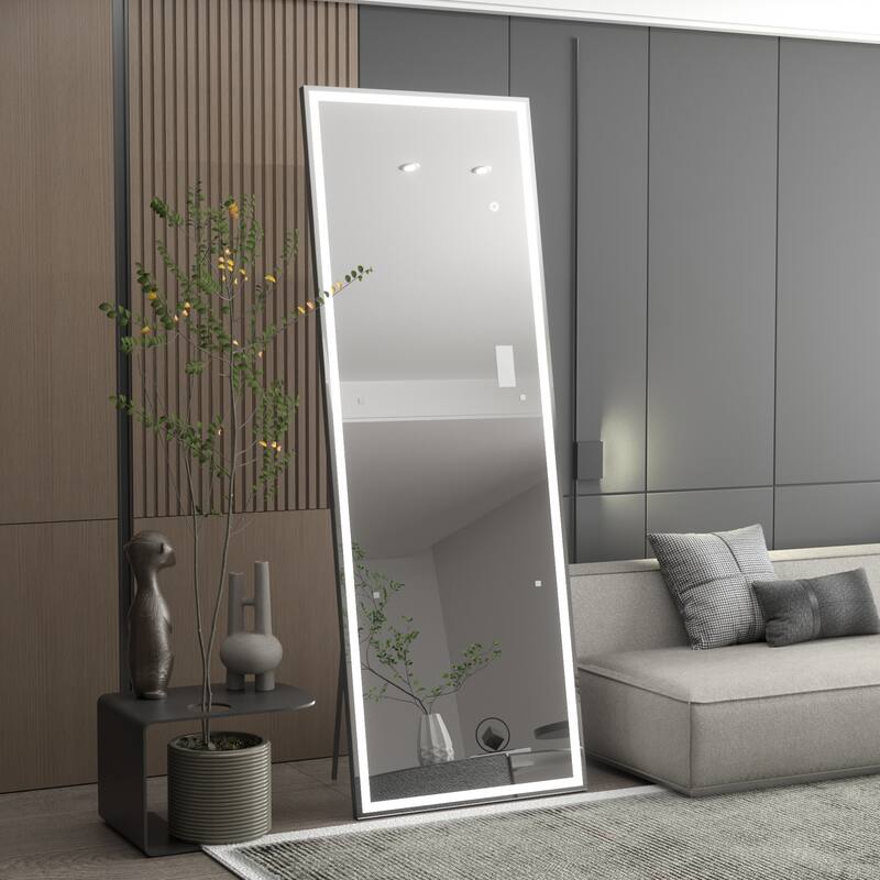 KIOTEE Aluminum Alloy Frame Led Lighted Tempered Glass Full Length Mirror With 3 Color Temperature & Brightness Adjustment