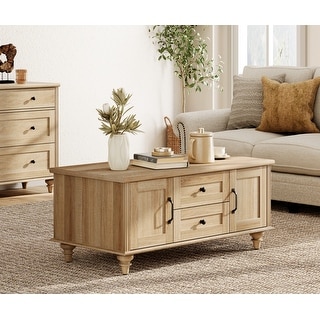 Light Wood Coffee Table with Drawer & Cabinet, Rustic Center Table