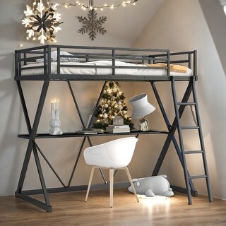 Stylish & Industrial Twin Size Loft Bed with Desk, Ladder and Full-Length Guardrails, X-Shaped Frame, Safety and Support, Black