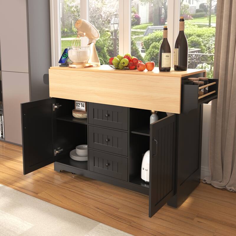 55.7" Large Kitchen Island with 2 Drop Leaf, on 5 Wheels with Power Outlet, Dining Table with Spice Towel Rack, 3 Drawers
