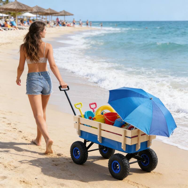 Anmytek Garden Cart Utility Wagon with Inflatable Tires Outdoor Hauler Blue Wooden