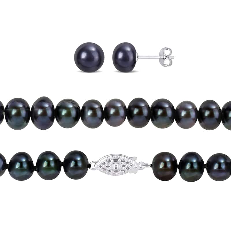 Miadora 3 Pc Set Of 7.5-8mm Black FW Cultured Pearl 18" Necklace, Stretch Bracelet & Silver FW Pearl Earrings