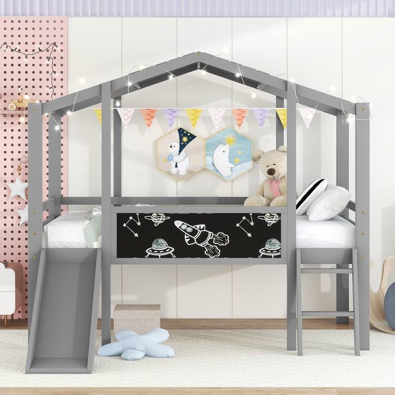Loft Bed with Ladder and Slide, House Bed with Blackboard and Light Strip on the Roof