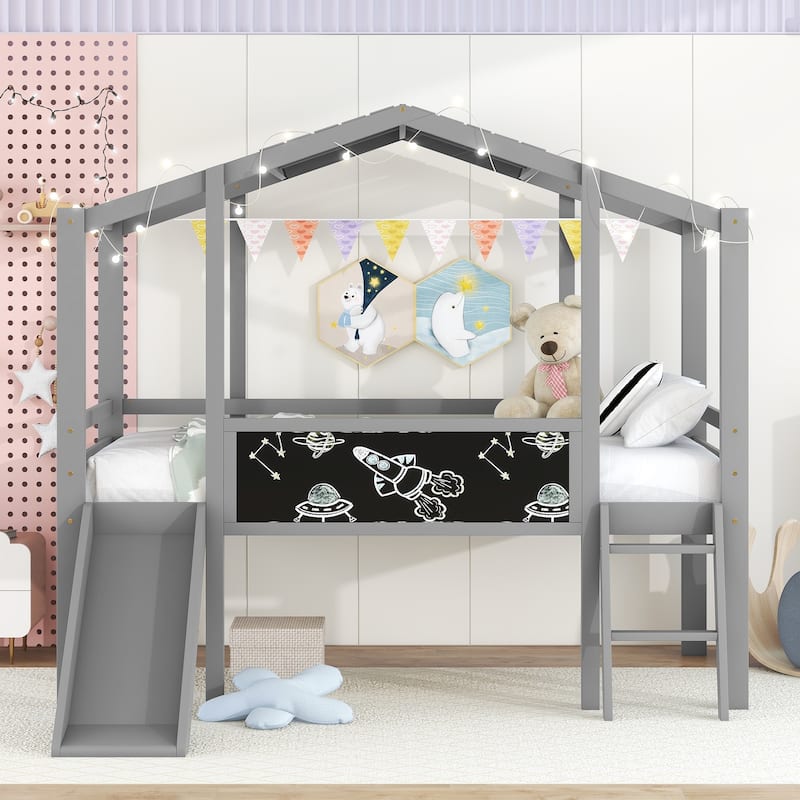 Twin Size Loft Bed with Ladder and Slide, House Bed with Blackboard