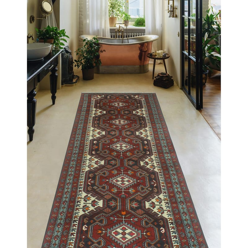 Fine Vintage Distressed Brent Red/Charcoal Runner - 3'8" x 9'10"