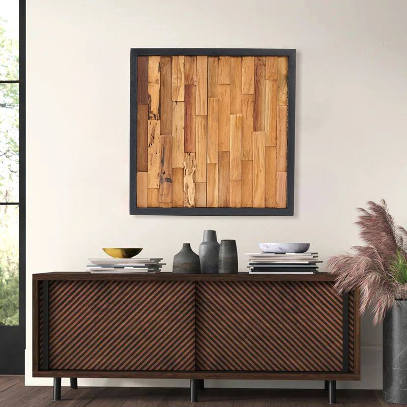 Reclaimed Wood Bricks Pattern Square Wall Decor - 17" x 17"x 1.6"