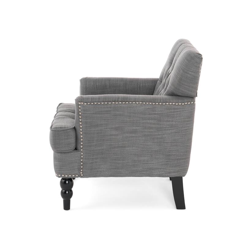 Roomfitters Tufted Club Chair, Upholstered Fabric Armchair with Nailhead Trim and Birch Wood Legs