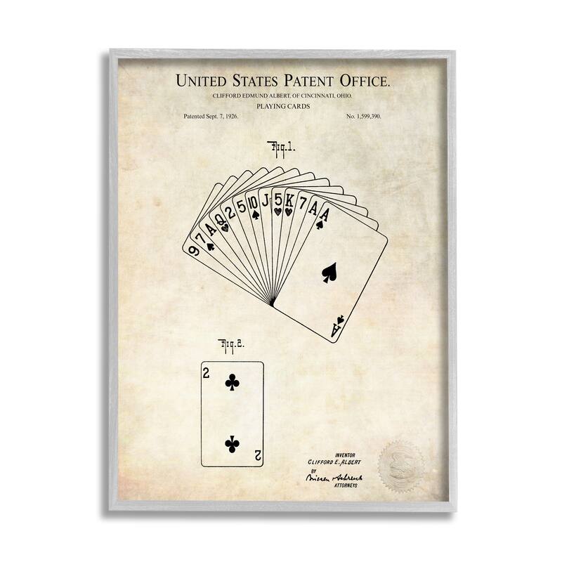 Stupell Vintage Playing Cards Patent Diagram Blueprint Text Framed Wall Art - Beige - 16 x 20 - Grey
