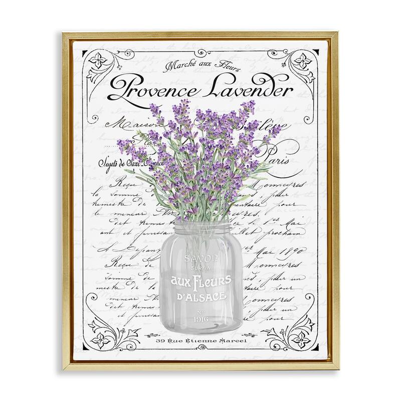 Stupell Lavender Sprigs Bouquet Ornate French Script Motif Floater Frame, Design by Lettered and Lined - 25 x 31 - Gold
