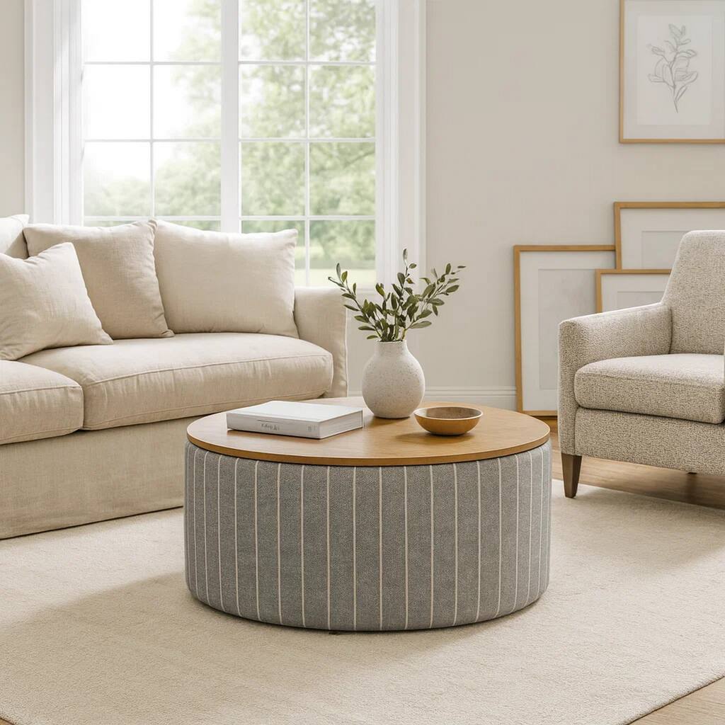 Jena Storage Ottoman, 30 Inch Round Lift Tray Top, Gray Pinstripe