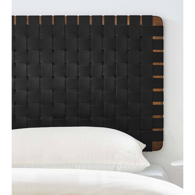 Ditmas Solid Wooden Black Leather Basket Weaved Floating Twin Size Headboard
