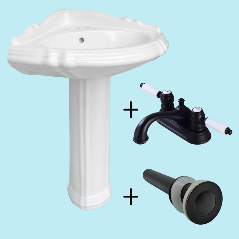 Sheffield White Corner Pedestal Sink 26 in. Porcelain Sink with 4 in. Black Centerset Faucet and Sink Drain