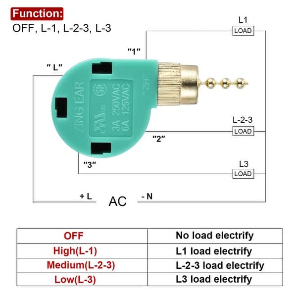 Pull Chain Switch 3 Speed Replacement Switch Control w Chain for Lamp