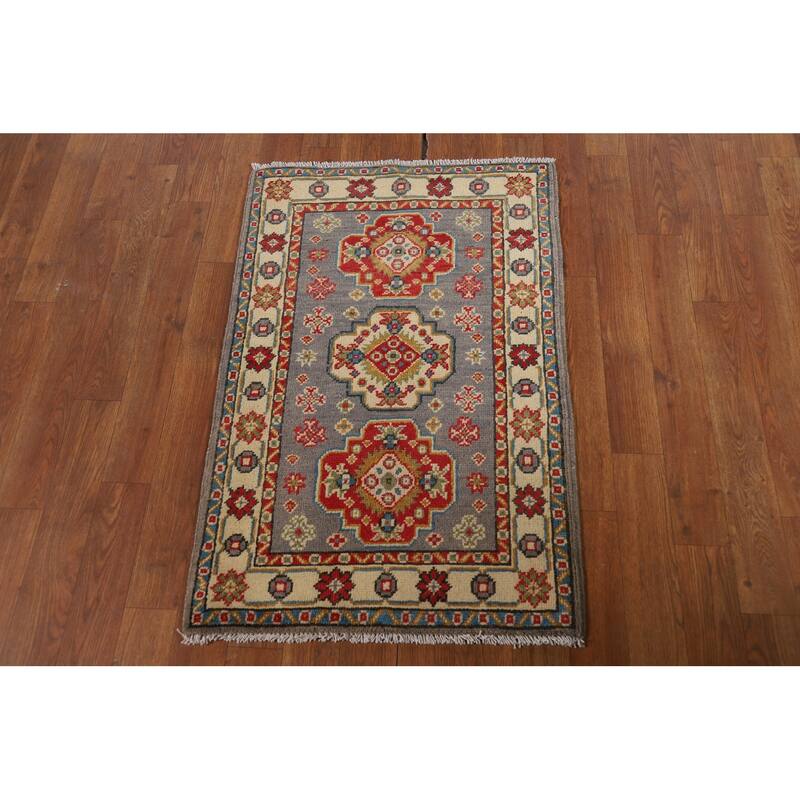 Gray Geometric Kazak Oriental Foyer Rug Handmade Wool Carpet - 2'0" x 3'0"