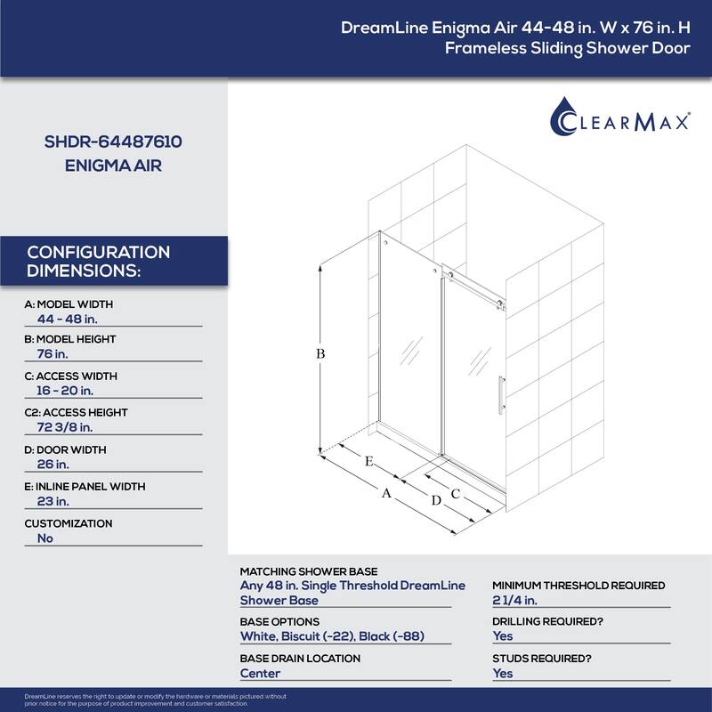 DreamLine Enigma Air 44-48 in. W x 76 in. H Frameless Sliding Shower Door - 44" - 48" W