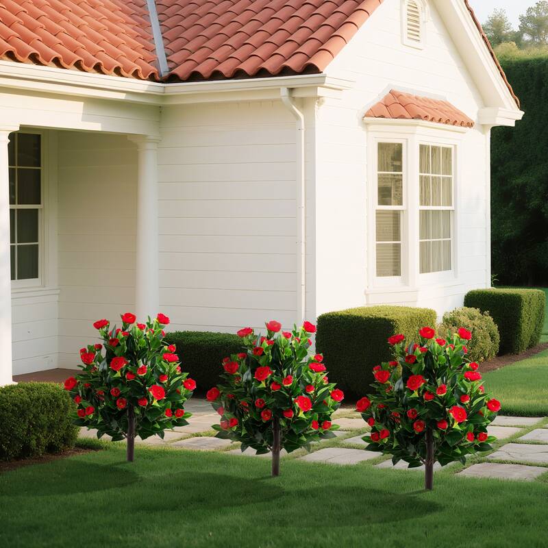 Artificial Camellia Tree Set of 2 with Red Flowers and Green Leaves for Indoor Outdoor Decor - 31"