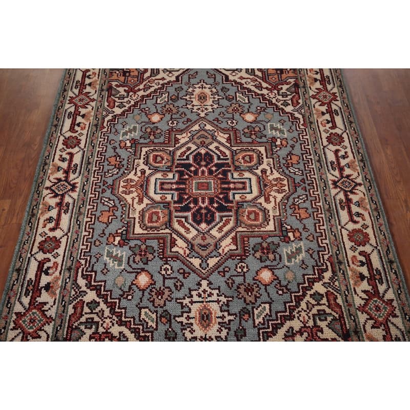 Blue Geometric Heriz Serapi Oriental Area Rug Handmade Wool Carpet - 4'0"x 6'0"