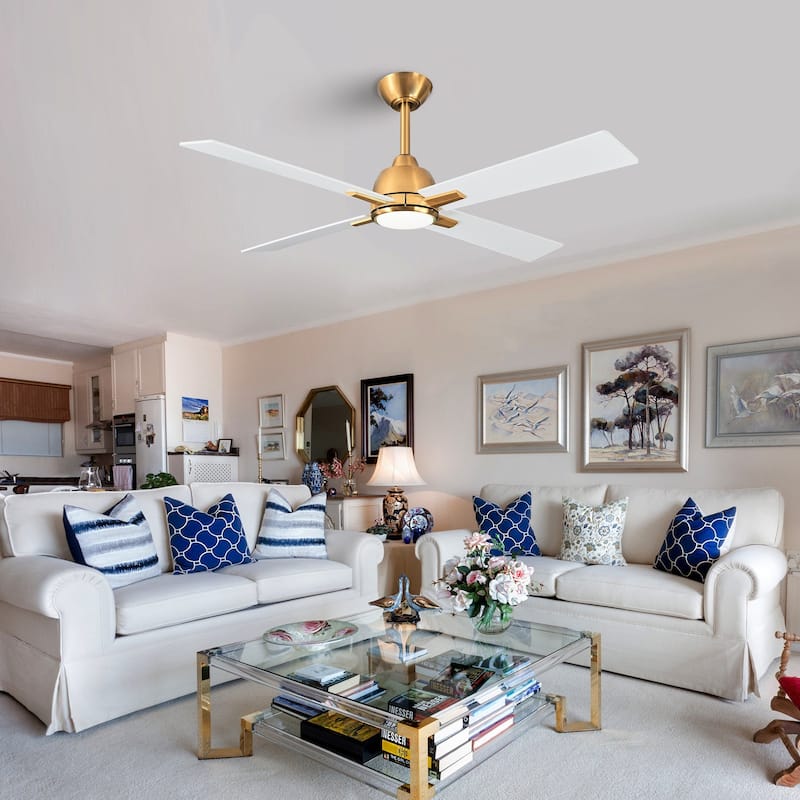 48" 4-Blade Modern White and Gold Ceiling Fan with Light
