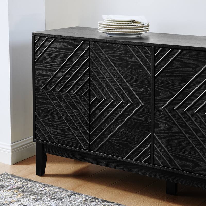 60.5"Buffet Cabinet with Storage, Farmhouse Fluted Sideboard with Geometric Pattern & Adjustable Shelves, Modern TV Stand