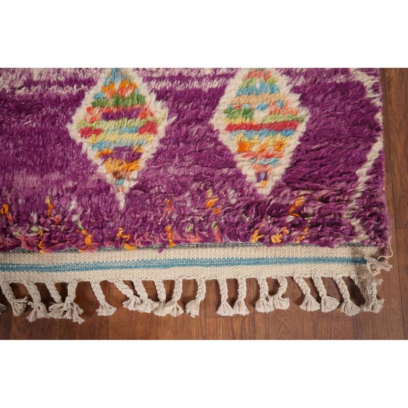Geometric Purple Moroccan Abstract Area Rug Hand-Knotted Wool Carpet - 5'8"x 10'3"