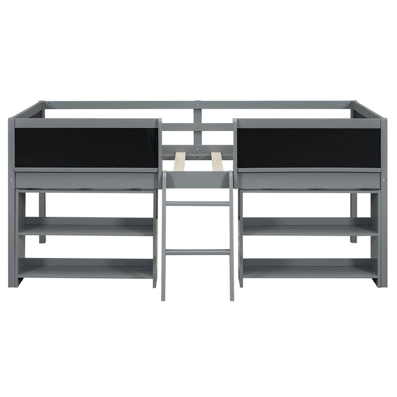 Twin Size Low Loft Bed with Two Movable Shelves and Ladder