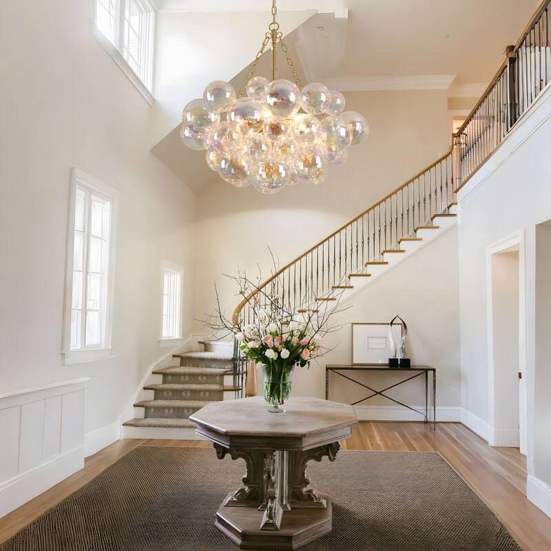 Starsky 6-Light lridescent Bubble Glass Globe chandelier, Hand-Blown Colorful cluster Light, Adjustable Height, Gold or Nickel