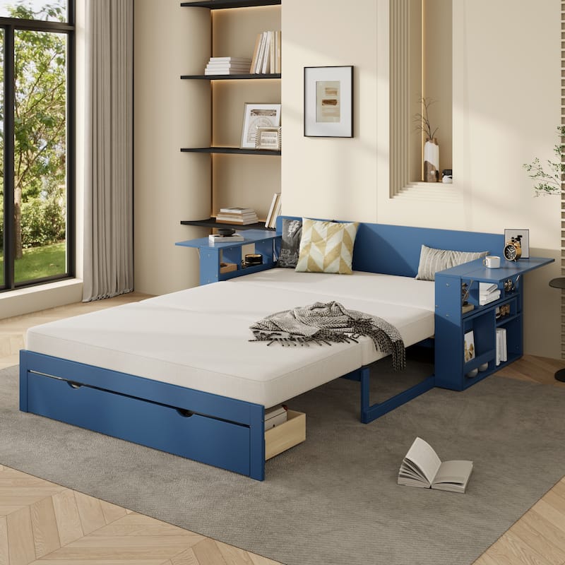 Full Size Daybed with Removable Desk, Storage Drawers & Hydraulic Side Table
