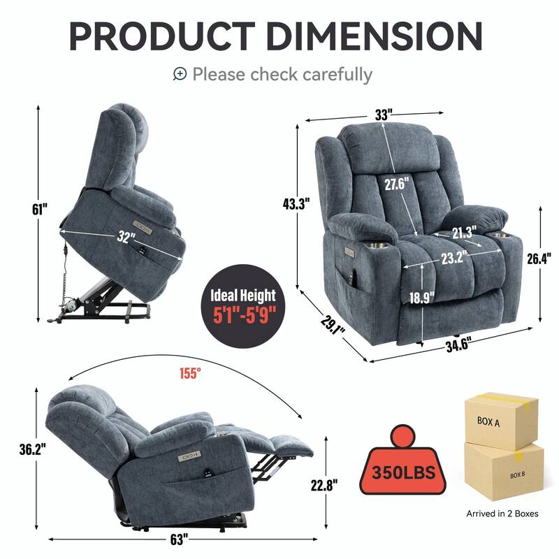 350 LBS Power Lift Recliner - Chenille, Massage, Heating, USB Ports