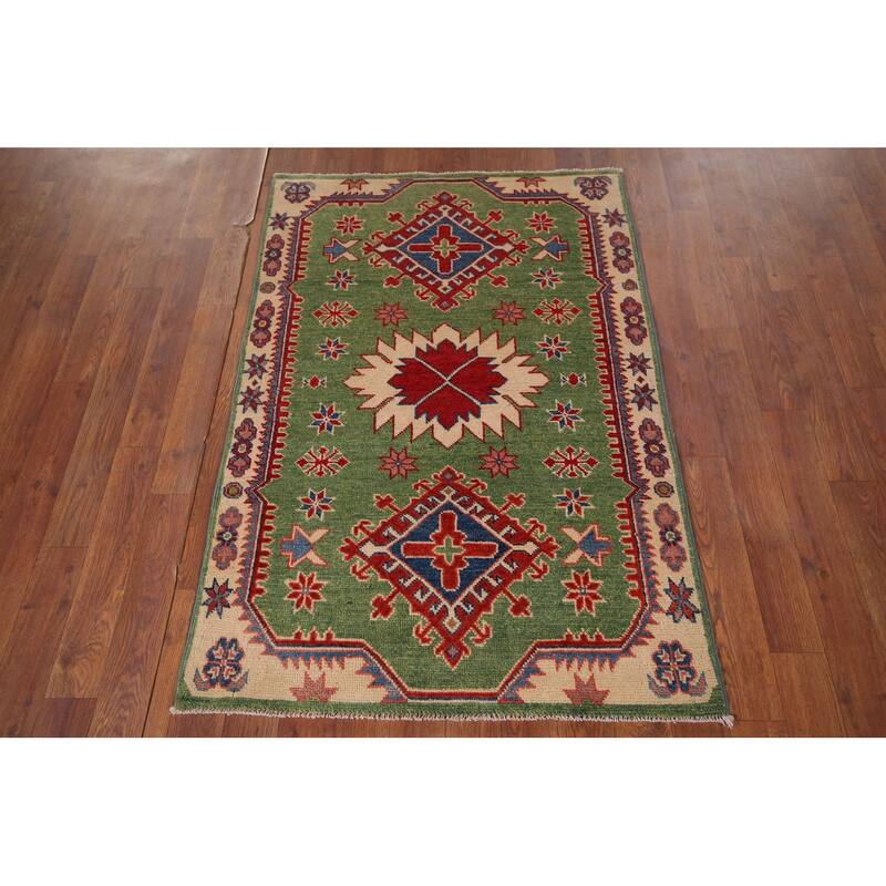 Light Green Kazak Oriental Foyer Rug Hand-Knotted Wool Carpet - 2'9" x 4'1"