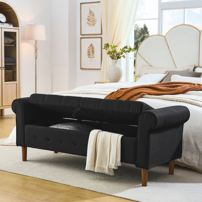62" Bedroom Tufted Button Storage Bench Linen Upholstered Ottoman