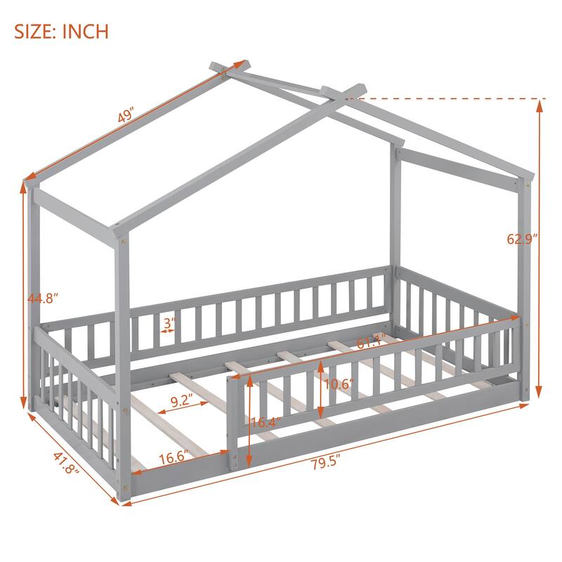 Twin Size Wood House Bed Frame with Fence for Kids and Teens, Gray