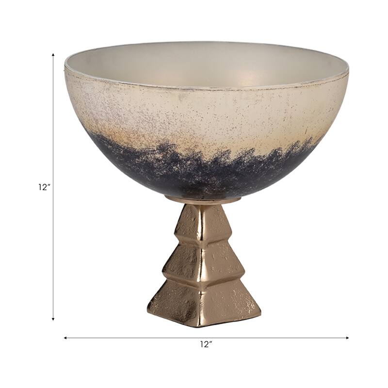 Modern Decorative Round Metal Bowl with Stand - 11", Ivory & Blue - 11.0"