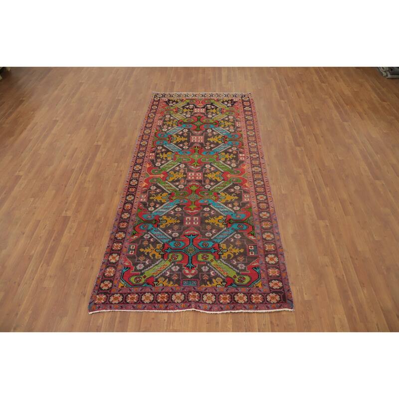 Hand Knotted Oriental 100% Wool Carpet Traditional Geometric Brown Meshkin Runner Rug - 9' 8'' X 4' 5''