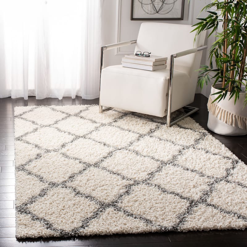 SAFAVIEH Dallas Shag Hacer Trellis 1.5-inch Thick Rug - 11'  x  15' - Ivory/Grey - Runner/Rectangle