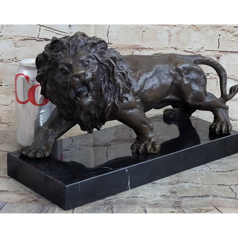 Bronze Sculpture Angry Hungry Male Lion Marble Base Figurine Art Deco Figure