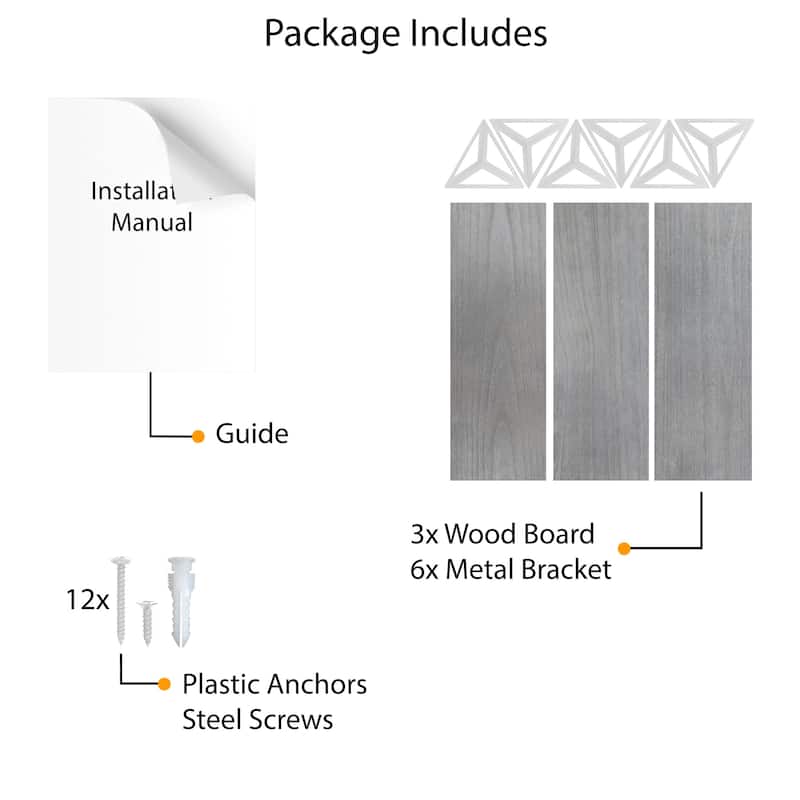 Wallniture Minori 17x6" Wood Wall Shelves with White Metal Brackets, Gray, Set of 3