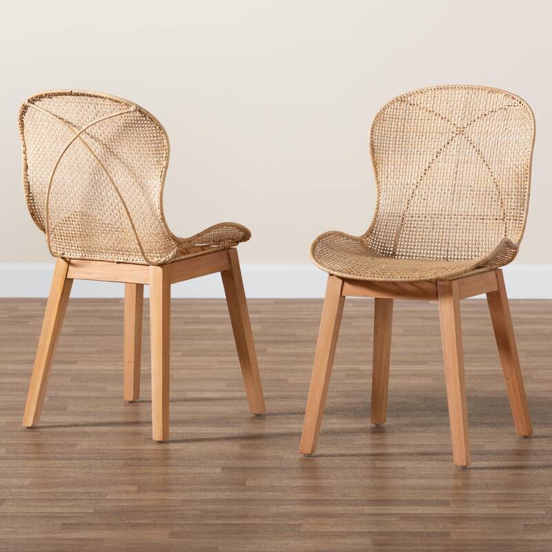 Sabelle Japandi Natural Brown Mahogany and Rattan 2-Piece Dining Chair Set