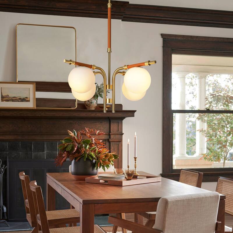 4-Light Mid-Century Modern Gold Linear Sputnik Chandelier with Opal Glass Globe Shades for Living Room, Dining Room, Bedroom