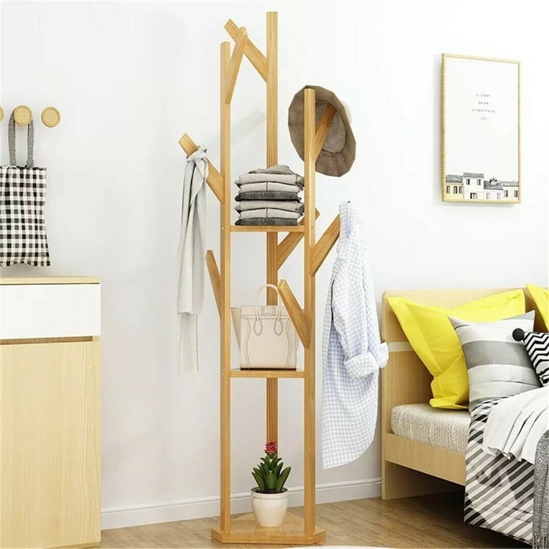 Solid Wood Floor Standing Hat Coat Hanger Storage Rack On Sale
