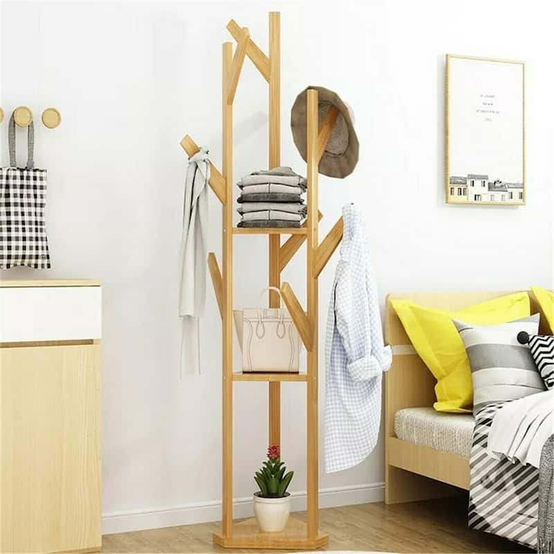 Solid Wood Floor Standing Hat Coat Hanger Storage Rack