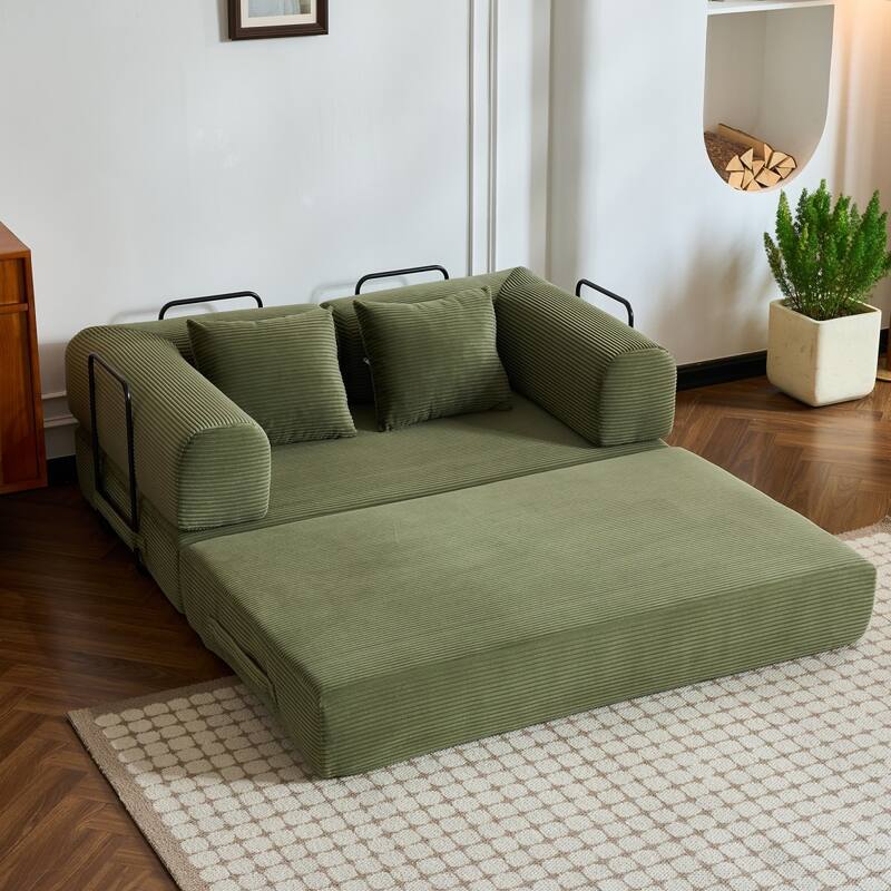 59.05'' Corduroy Convertible Sofa Bed with Cylindrical Pillow, Floor Sofa Lounge Couch - Green