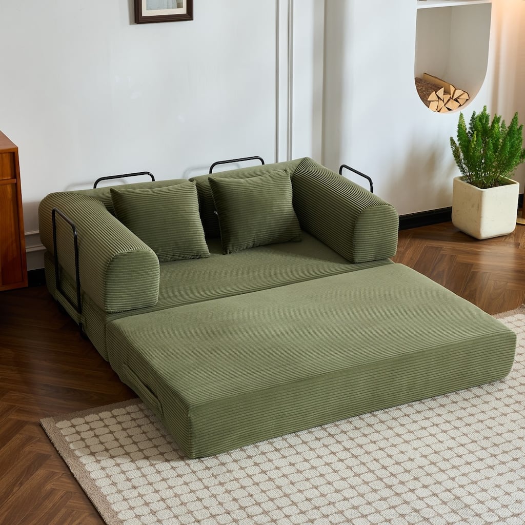 59.05'' Corduroy Convertible Sofa Bed with Cylindrical Pillow, Floor Sofa Lounge Couch