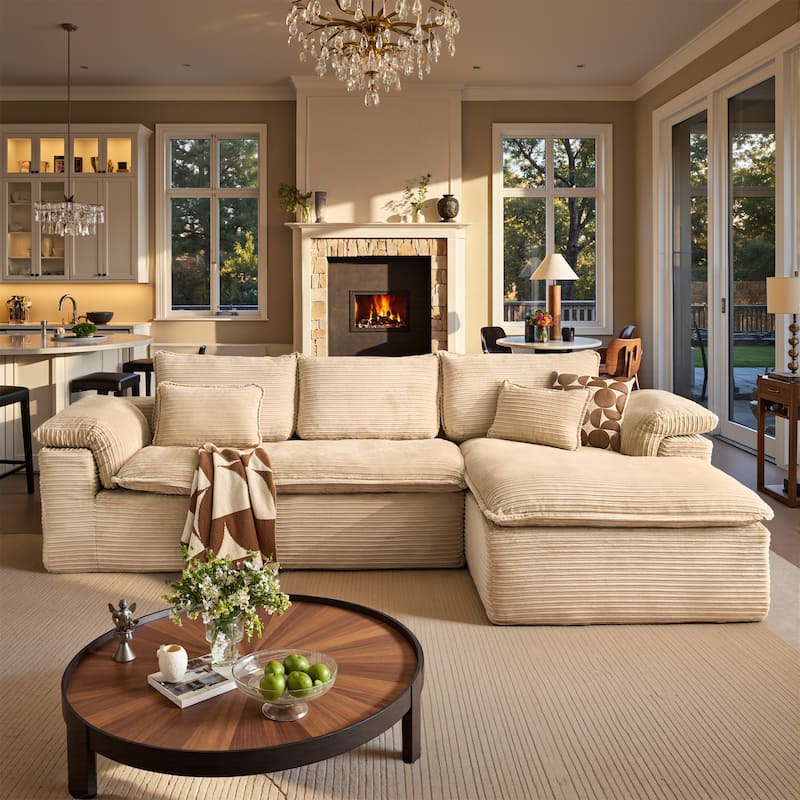 OVIOS Wide Ribbed Plush Sectional Sofa with Pillow-Top Arms - RightChaise-Beige