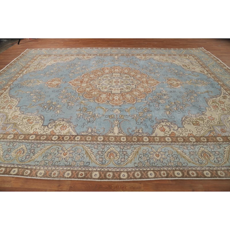 Light Blue Tabriz Persian Vintage Area Rug Handmade Wool Carpet - 9'10" x 12'7"