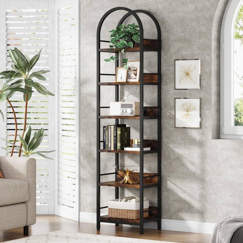 6 Tiers 78.7" Tall Narrow Arched Open Bookshelf - 1 pcs - Brown