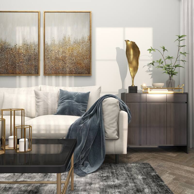 Gold Aluminum Metal Textured Leaf Abstract Sculpture with Black Marble Base